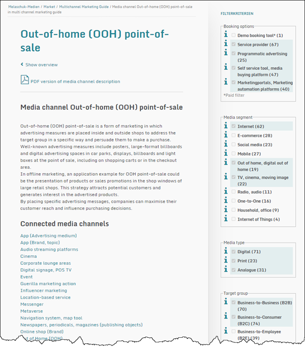Detail page of a media channel in the Multichannel Marketing Guide