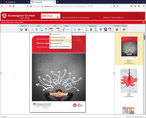 PDF-Varianten im Editor des genera-Systems von IRS/Willmy Group am Beispiel Bundesagentur für Arbeit