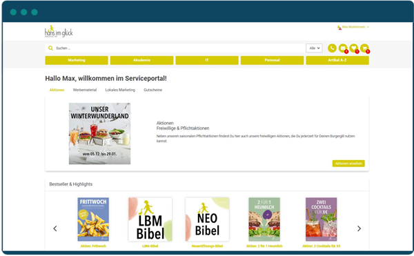 Startseite des Local Marketing Plattform der HANS IM GLÜCK Franchisekette