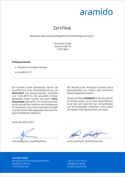 Zertifikat zur Sicherheitsprüfung für die Konmedia GmbH