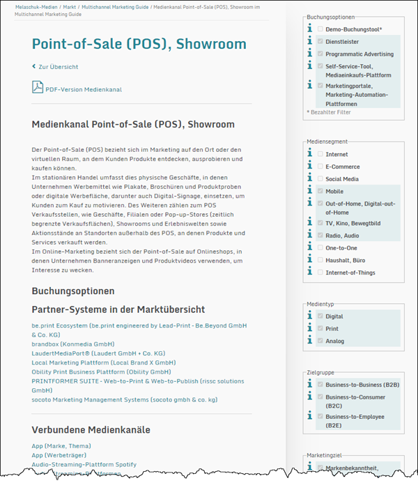 Detailseite eines Medienkanals im Multichannel Marketing Guide