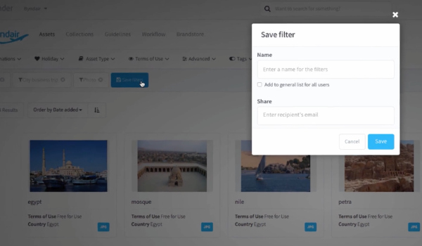 Bynder Digital Asset Management - Filter-Auswahlen