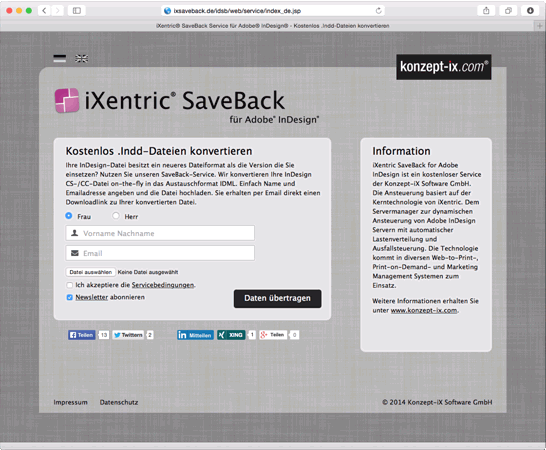 Online-Dienst iXentric SaveBack für Adobe InDesign von Konzept-iX