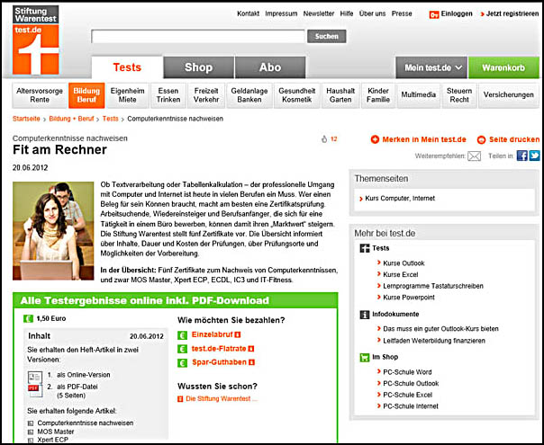 Website Stiftung Warentest