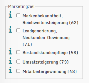 Filterbereich Marketingziel im Multichannel Marketing Guide